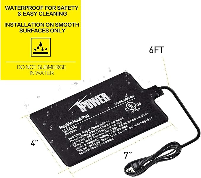 iPower Reptile Heat Pad 4X7 Inch 4W Heating Mat with Digital Thermometer for Turtle, Lizard, Frog, Snake, Reptile, and Other Small Animals