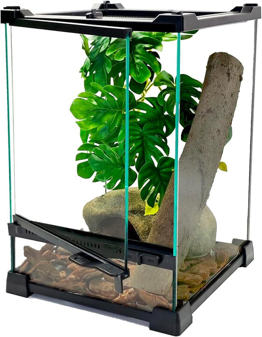 Woyrise Reptile Terrarium 8"x8"x12" Mini, Front-Opening Glass Tank with Mesh Lid & Escape-Proof Locks, 360° Vertical Enclosure with Gap Sealing Strip for Small Geckos, Frogs, Tarantulas, Lizards
