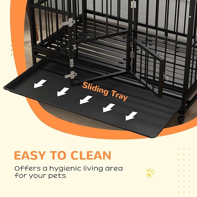 PawHut 48" Heavy Duty Dog Crate, Strong Steel Large Dog Crate with 4 Lockable Wheels, Double Doors, Openable Top and Removable Tray, for Extra Large and Large Breeds, Black