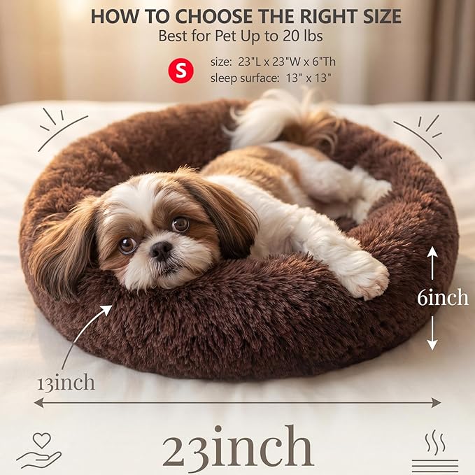 Calming Donut Dogs Beds for Small Dogs Washable,23inch Plush Round Pet Bed for Cozy Sleep,Fluffy Faux Fur Large Cat Bed,Fits up to 25 lbs Pets,Chocolate Brown