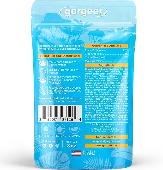 Gargeer 8oz Complete Crested Gecko Food Diet. Premium Ingredients Mix, Ready to Use Freshly Made Powder. Unique Superfood Formula, Developed & Made in The USA. Enjoy!