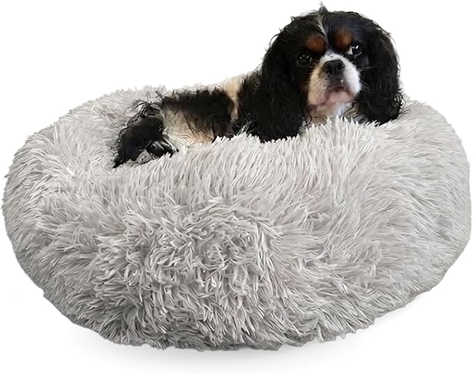 Active Pets Premium Small Donut Dog Bed, Fits Up to 45 lbs, Removable Cover & Washable Cushion, Plush Long Pile Faux Fur Fabric, Portable Light Grey Pet Bed Furniture for Puppies Adult Canines & Cats