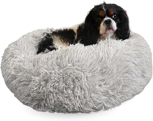 Active Pets Premium Small Donut Dog Bed, Fits Up to 45 lbs, Removable Cover & Washable Cushion, Plush Long Pile Faux Fur Fabric, Portable Light Grey Pet Bed Furniture for Puppies Adult Canines & Cats