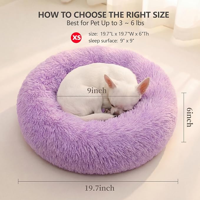 Calming Donut Dogs Beds for Small Dogs Washable,19inch Fluffy Round Puppy Bed for Puppies,Cats & Toy Breeds with Raised Rim,Fits up to 15 lbs Pets,Purple