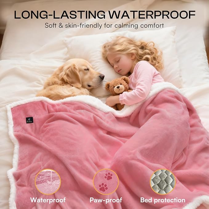 Luciphia Waterproof Bed Blanket Washable,Soft Sherpa Fleece Puppy Reversible Throw Blankets for Small Dog Cat,Furniture Cover Protector Couch Bed from Liquid Pee and Pet Fur, Pink White, 40" x 28"