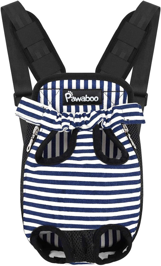 Pawaboo Pet Carrier Backpack, Adjustable Pet Front Cat Dog Carrier Backpack Travel Bag, Legs Out, Easy-Fit for Traveling Hiking Camping for Small Medium Dogs Cats Puppies, Large, Blue & White Stripes