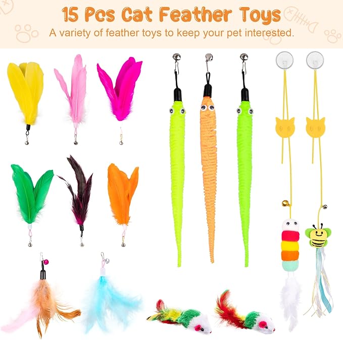 Depets Cat Wand Toy, 15 Pcs Interactive Cat Feather Toys for Indoor Self Play & Exercise, 2 Play Modes Kitten Teaser Wand, Reusable Suction Cup Kitten Toys - Image 4