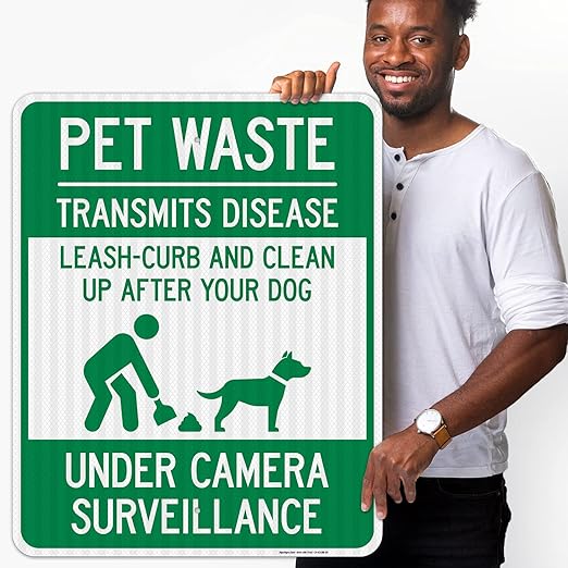 Pet Waste Leash-Curb and Clean Up After Your Dog Under Camera Surveillance Sign, (SI-63188) 24x30 Inches, 3M EGP Reflective .080 Aluminum, Fade Resistant, Made in USA