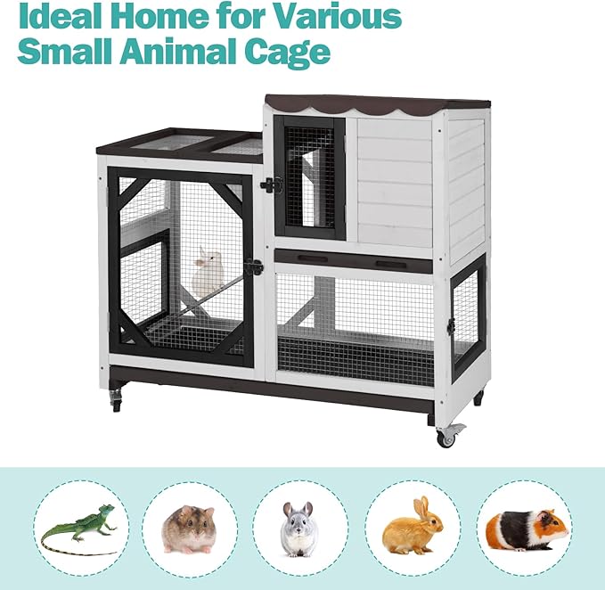 Rabbit Hutch Indoor for 2-4 Rabbits & Guinea Pigs，Bunny Cage with Slide-Out Plastic Trays，Wooden Small Animal Cage for Rabbits, Bunnies, and Guinea Pigs (Black)