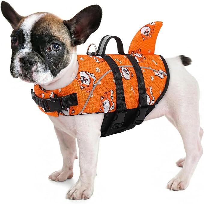 Queenmore XS Dog Life Vest for Swimming, Extra Small Dog Life Jacket for Boating, Lightweight Dog Shark Life Jacket with Rescue Handle/Leash Hook/Reflective Strips