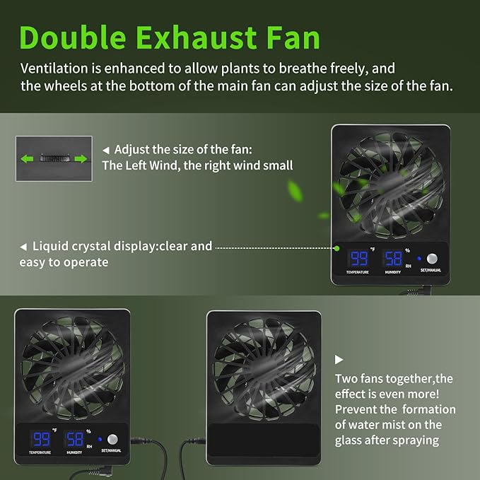 Reptile Ventilation Fan with Hygrometer & Temperature Display, Auto Adjusting Humidity & Temperature, for Aquariums & Insect Tanks, 2-Pack
