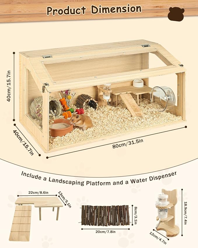 Large Wooden Hamster Cage, 31.5" Portable Habitat with Acrylic Panels & Openable Top, Includes Water Bottle, Fences and Platform for Syrian Hamsters, Dwarf Hamsters, Gerbils
