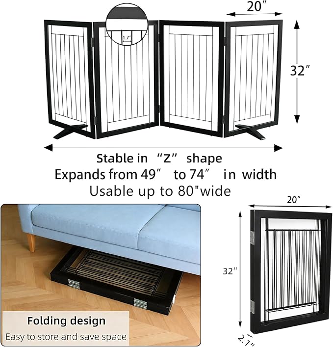 ZJSF Freestanding Dog Gate Indoor, Foldable Dog Fence for Doorways,Hallways or Stairs, Sturdy Wood Extra Wide Pet Gate with Support Feet,Black,32 "Height-4 Panels