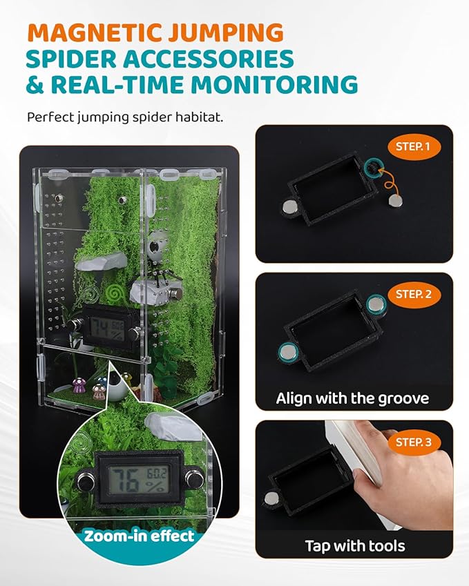 DIY Jumping Spider Enclosure, 4.7"x4.7"x7.9" Escape-Proof Spider Terrarium, Small Invertebrate Acrylic Accessories Set, with Temperature and Humidity Detector, Platform and Hide, Tweezer, Feeding Bowl