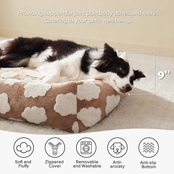 JOEJOY XL Dog Beds Large Sized Dog, Rectangle Washable Orthopedic Pet Bed with Removable Zipper Cover, Cute Soft Calming Puppy Pet Bed with Jacquard Shaggy Plush & Non Skid Bottom