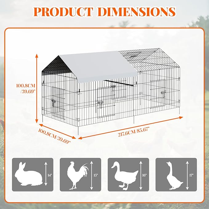 Metal Chicken Coop, Chicken Run for Yard with Cover, Outdoor Metal Chicken Cage with 4 Door and 1 Window for Outside Duck Rabbit Hen, 86"×40"×40"