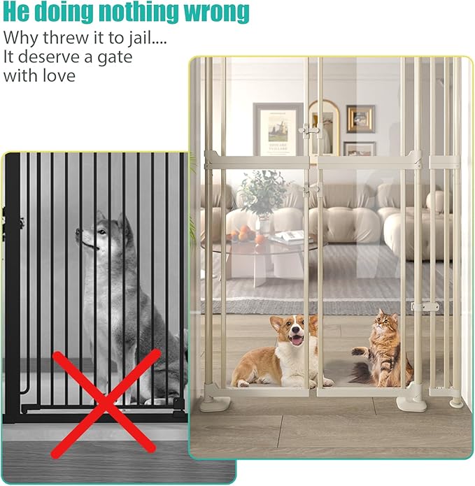 74"-98.5" Extra Tall Cat Gate for Doorway, Wide Adjustable 33.85-42" Clear Dog Gate Acrylic, Pressure Mounted Stairs, House, Innovation Double Opening Pet Gate,White