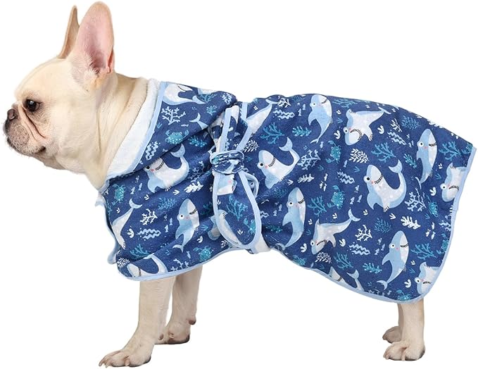 HDE Dog Bathrobe Super Absorbent Quick Drying Puppy Towel Wrap Coat Adjustable After Bath Robes with Hood for Dog Sizes S-XXL Sharks M