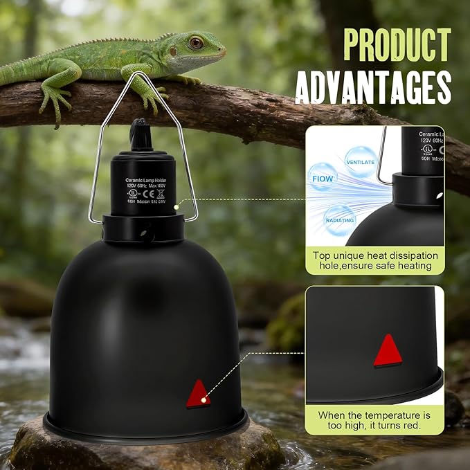2-Pack Reptile Light Fixture 5.5in Deep Dome Reptile Lamp Fixture Heat Lamp Fixture for Heat/UVA/UVB Bulb Basking Lamp Max 100W for Reptile Habitat