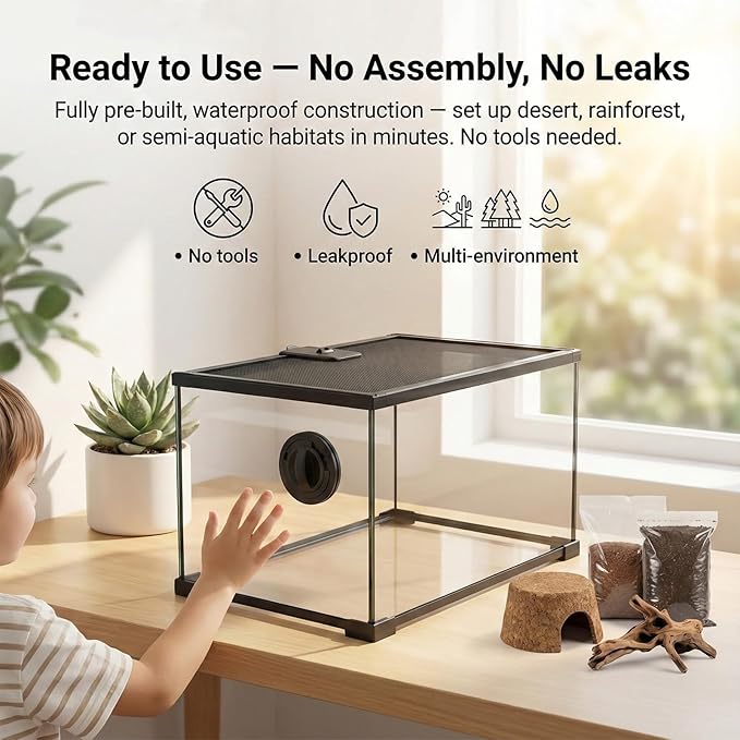 10 Gallon Reptile Tank: 20x12x10 Leopard Gecko Tank with Sliding Screen Top - Glass Terrarium with Lockable Lid for Small Lizard Snake Turtle Hermit Crab Habitat - Desert Dedcor Accessories