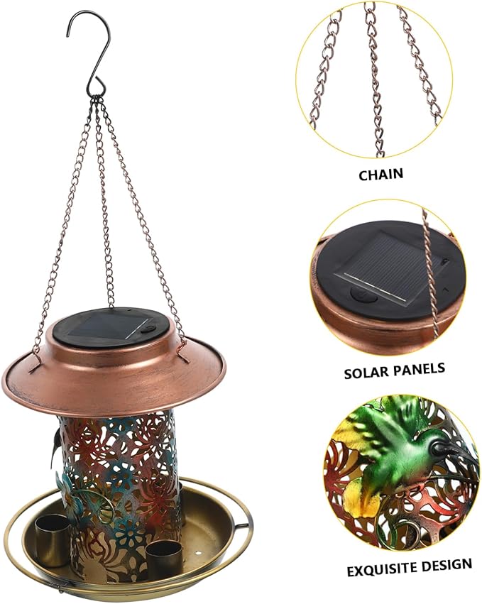 VANZACK Solar Bird Feeder Sturdy Metal Design for Outdoors Unique Hanging Bird Feeder with Elegant Patterns Water Cup for Attracting Garden Birds