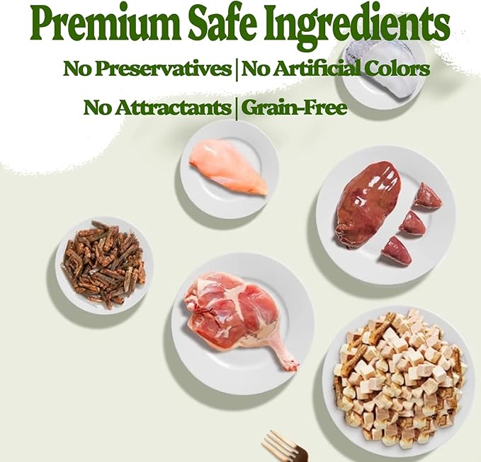 Turtle Food, 5 in 1 Meat Turtle Treats - Natural Freeze-Dried Chicken & Duck & Cod & Chicken Liver & Grasshopper - Human-Grade Real Meat - High Protein, 3oz