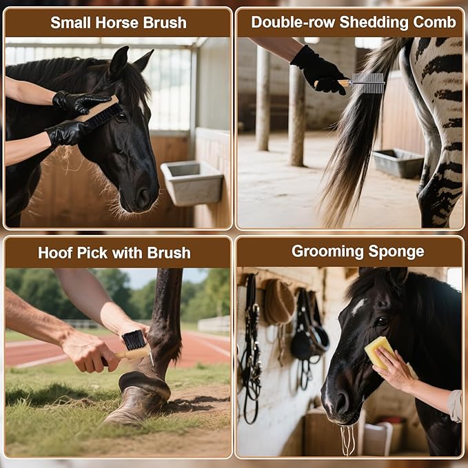 13-Piece Horse Grooming kit for Daily Care,Complete Horse Supplies Set with Wood Brushes, Tack Essentials, Curry Tools, and Practical Horse Accessories for Farm & Stable Use