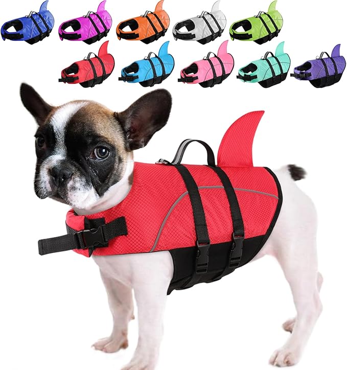 Queenmore Small Dog Life Jacket,Shark Dog Life Vest for Swimming,Puppy Light Life Preserver for Boating Kayaking Canoeing,Pet Reflective Lifesaver with High Buoyancy,Rescue Handle,Leash Hook (Red,M)