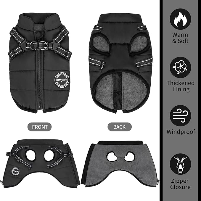 Warm Dog Winter Coat, Fashion Cold Weather Jacket with Built-in Harness, Reflective & Adjustable Comfortable Pet Vest, Windproof Dog Apparel for Small Medium Large Dogs (Black)