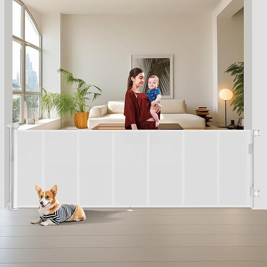 Miumoon 150 inch Retractable Baby Gates 42 inch Tall, Retractable Gate with Reinforced Strip Design to Prevent Crawling Through, 12 FT Extra Wide Retractable Dog Gate for Indoor/Outdoor