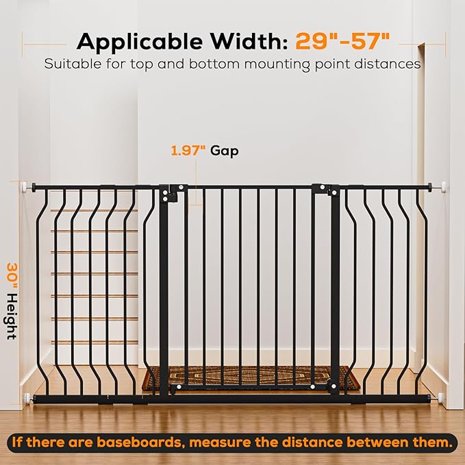 29-57" Baby Gate for Stairs, Baby Safety Essentials, Auto Close Gate for Doorways, Easy Install Pressure Mounted Dog Gate Indoor, Pet Gates for Dogs, Black