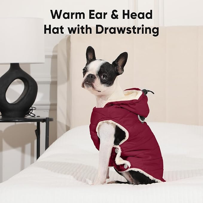 Vecomfy Fleece Lining Dog Hoodie with Harness Built in,Extra Warm Large Dog Jacket in Winter Doggie Coats with Drawstring Hooded,Red XXXL