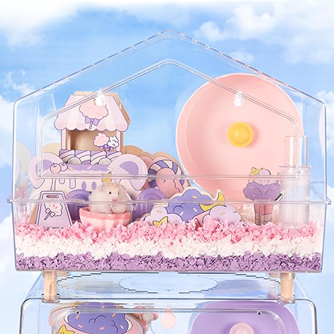 Mini&moe Hamster Houses and Hideouts - Hamster Hideouts with Window Small Animals Cage Accessories with Paltform for Rat Gerbils and Other Small Pets