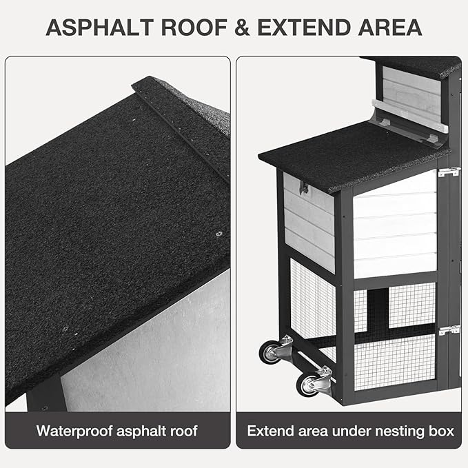 Chicken Coop Outdoor Mobile Chicken House, Expandable Hen House with Wheels, Nesting Box, Leakproof Pull-on Tray and UV-Resistant Roof Panel (White)