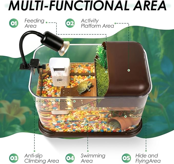 Turtle Tank Starter Kit, PC Turtle Tank Aquarium with Basking Platform, UVB Lamp, Filter, Plants, Feeding Ring - Habitat for Baby Turtles