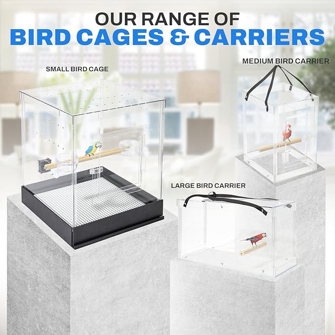 PENNZONI Medium Bird Carrier Display Case, Crystal Clear Acrylic Bird Travel Cage with Feeder Bowls