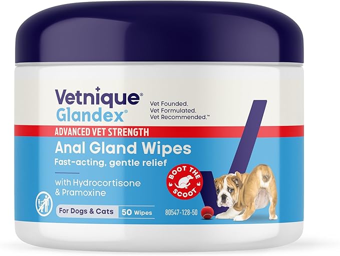 Vetnique Glandex Medicated Dog Butt Wipes or Spray for Dog Scooting - Topical Anti Itch Skin Relief for Soothing Inflamed Anal Glands in Dogs & Cats - Fast Acting Formula 50ct (50ct Wipes)