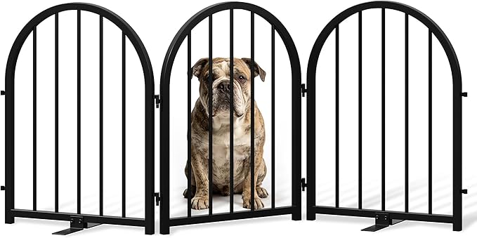 PUPETPO Full Metal Dog Gate for Indoor Outdoor, 24" Tall Free Standing Pet Dog Fence, 54" Wide Arched Pet Gates for Stairs, Hallways, Doorways, Kitchen, Decks, Yards (Black, 3 Panels)