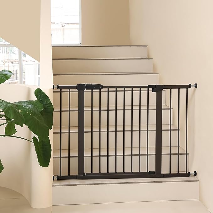 44.72"-46.89" Baby and Pet Safety Gate, 30" Tall Metal Walk-Thru Gate for Doorways & Stairs, Easy One-Hand Open, Dual Lock, Extensions & Wall Mounts Included (Brown, 29"-46" W x 30.5“H)
