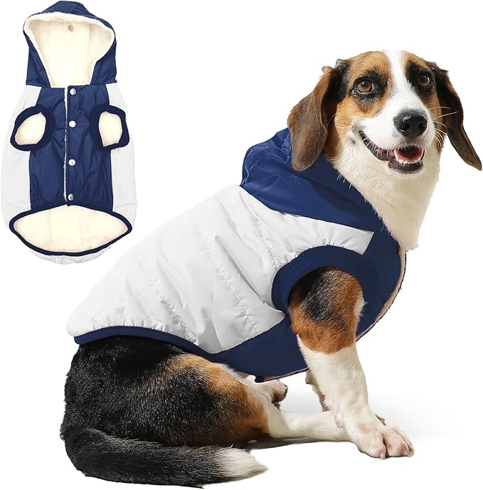 Vecomfy Fleece Lining Extra Warm Dog Hoodie in Winter for Large Dogs Jacket Pet Coats with Hooded,Beige and Blue XXXL