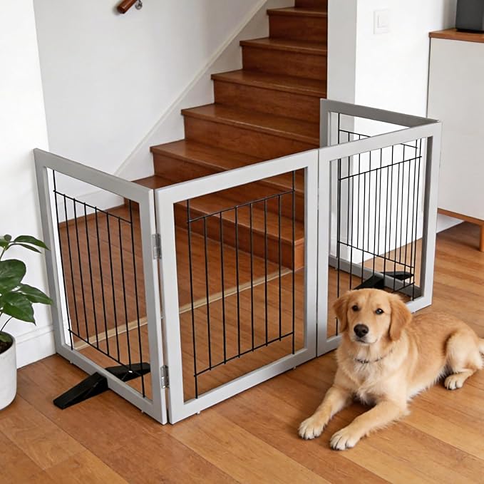 ZJSF Freestanding Dog Gate Indoor, Foldable Dog Fence for Doorways,Hallways or Stairs, Sturdy Wood Extra Wide Pet Gate with Support Feet,Grey,24 "Height-4 Panels
