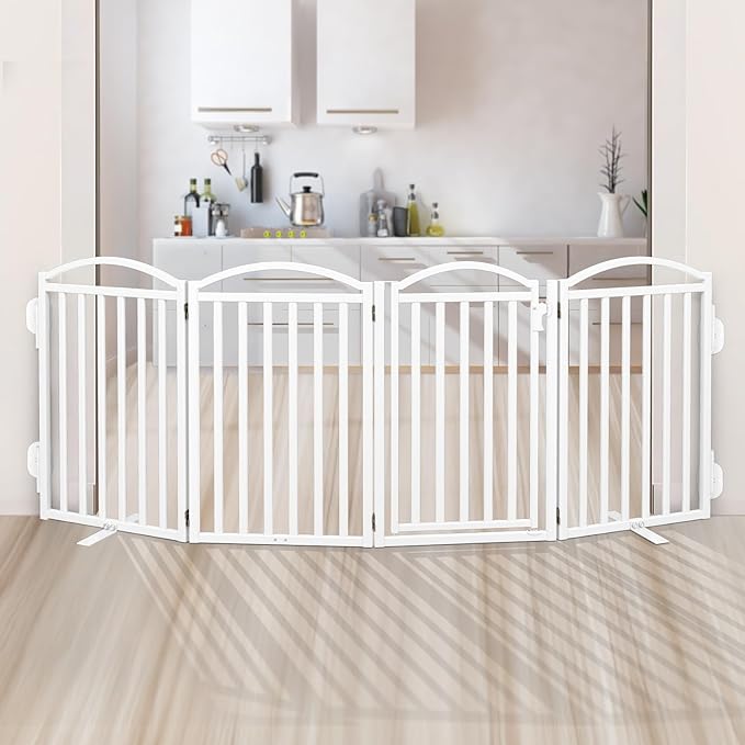 Malier Metal Freestanding Dog Gates with Door, 32'' Height Outdoor Indoor Dog Fences, Extra Wide Foldable Puppy Gate for Stairs (White, 【4 Panels with Door】 80''W × 32''H)