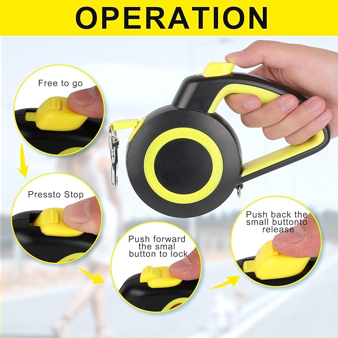 enrgticdg Retractable Dog Leash,Night Reflection,Light Weight Leash for Small to Medium Dogs/Cats,Stainless Steel Spring,Strong Nylon Tape, One-Handed Brake (Black-Yellow)