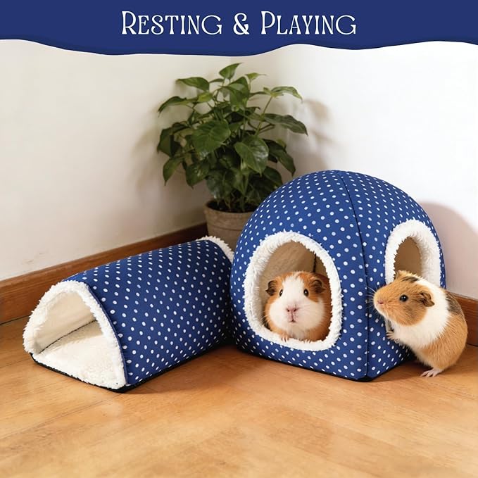 Guinea Pig Hideout and Play Tunnel Set, Washable Fleece Bed for Dwarf Rabbits, Bunnies, Chinchillas, Small Animal Toys - Blue Dot