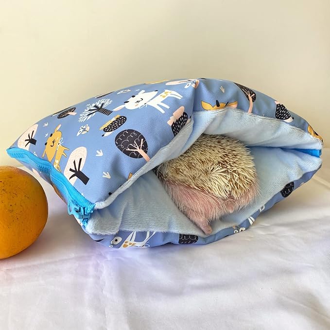 Cute Friendly Zipper Waterproof Portable Sleeping Bag Pouch Hideout Cave Habitat for Hedgehog, Baby Guinea Pig, Hamster, Ferret, Squirrel, Small Animal Bed Nest House Cage Portable Cushion (Blue)