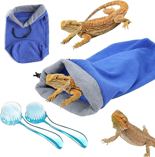 Bearded Dragon Bathing Essentials Kit - Fast Drying Absorbent Towel Bag & 2PC Reptile Brushes Comprehensive Accessories for Gecko, Lizard, Leopard Gecko (Grey)