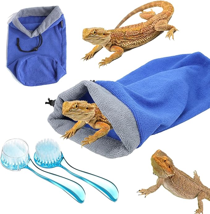 Bearded Dragon Bathing Essentials Kit - Fast Drying Absorbent Towel Bag & 2PC Reptile Brushes Comprehensive Accessories for Gecko, Lizard, Leopard Gecko (Blue)