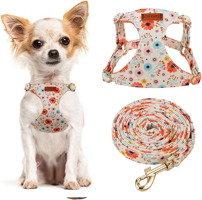 CHEDE No Pull Floral Pattern Dog Harness- Lightweight and Soft Harness, Adjustable Small Dog Harness and Leash Set, with Dog Leash, Suitable for Puppy Small and Medium-Sized Dog
