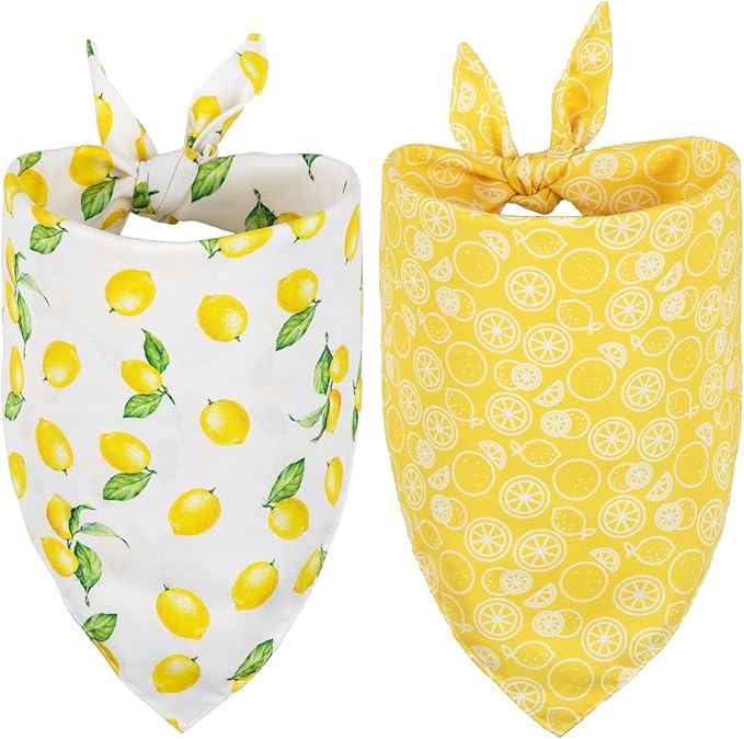 Whaline Yellow Lemon Dog Bandana Spring Summer Reversible Triangle Dog Scarf Adjustable Fruit Washable Pet Bibs Pet Neckerchief for Medium Large Cat Dogs Costume Accessories, 2 Pack