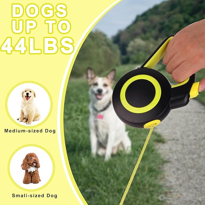 enrgticdg Retractable Dog Leash,Night Reflection,Light Weight Leash for Small to Medium Dogs/Cats,Stainless Steel Spring,Strong Nylon Tape, One-Handed Brake (Black-Yellow)